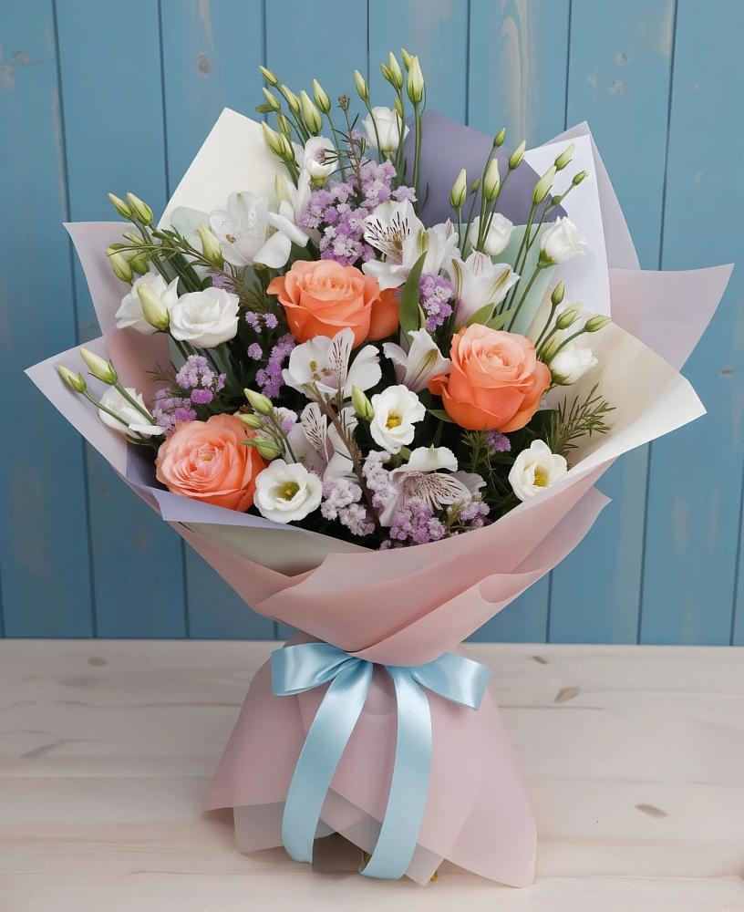 Букет цветов из: Лизиантусы, Розы, Альстромерии и Гипсофила в Ивангороде